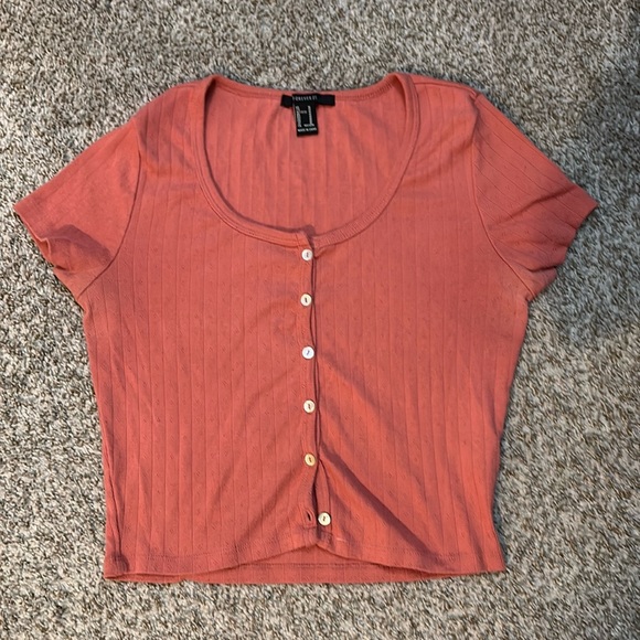 Forever 21 Pink/Salmon-Colored Button Up Short Sleeve Crop Top - Picture 1 of 3